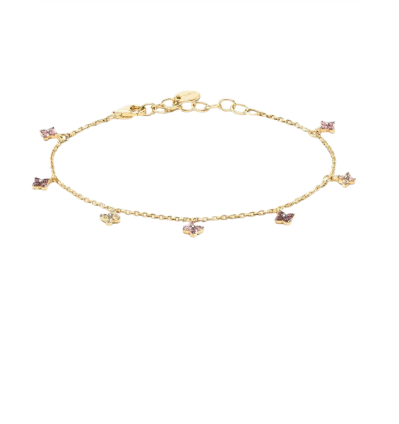 Pulsera de plata bañada en oro con flores y gemas nano rosas. Ligera, romántica y perfecta para el uso diario.
