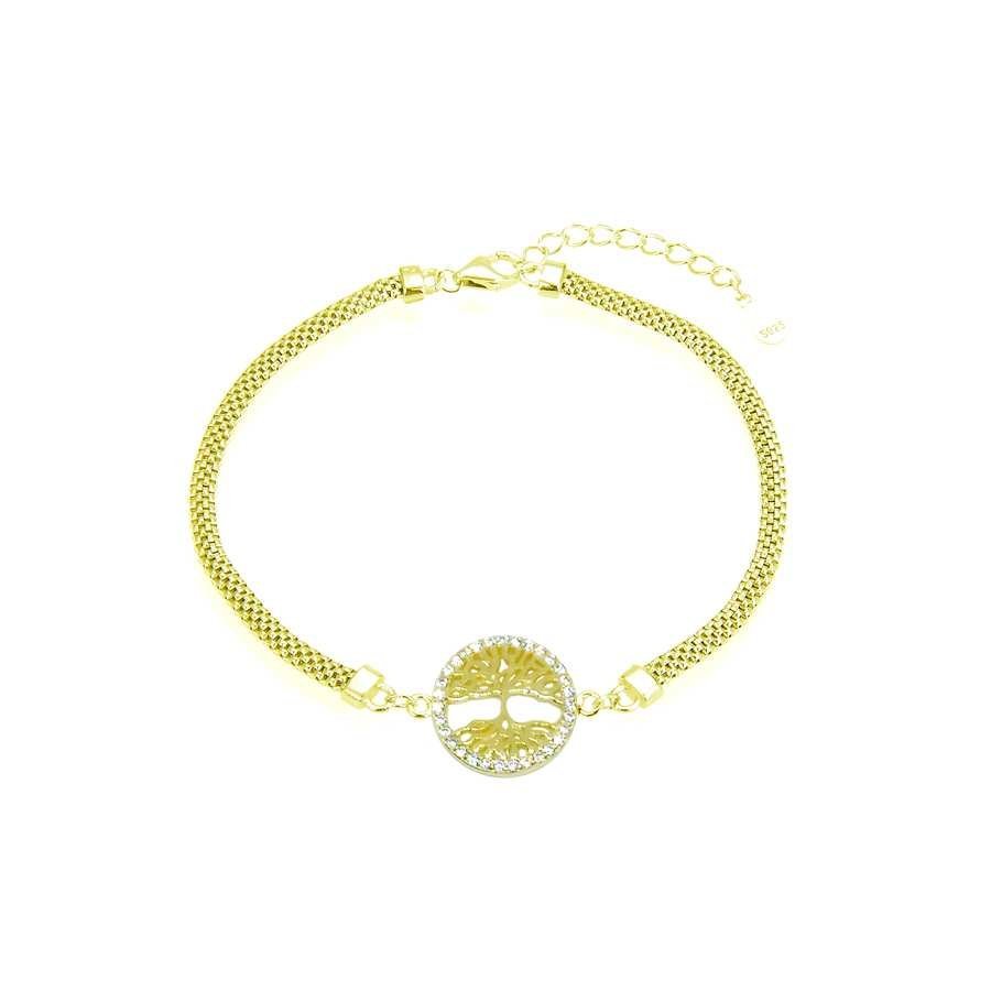Pulsera de Plata Dorada con Arbol de la Vida y Circonitas cadena de Malla