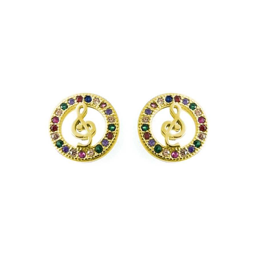 Pendientes de Plata Dorada con Circonitas Multicolor - Clave de sol