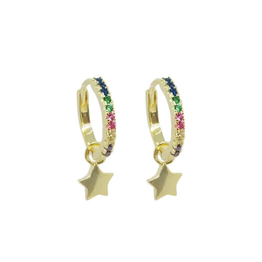 Aros de Plata Dorada con Circonitas Multicolor -  Colgante Estrella