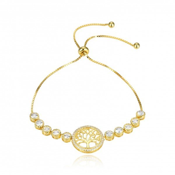 Pulsera de Plata Dorada Con Arbol de la vida y Circonitas con Cierre Deslizante