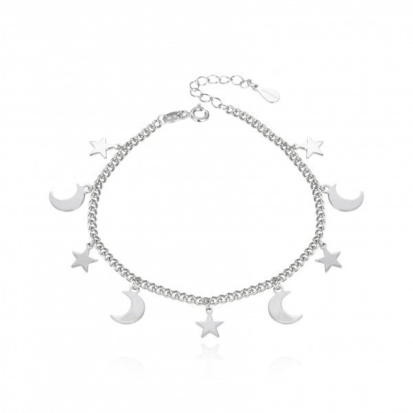 Pulsera de Plata Colgantes de Estrellas y Lunas Lisas