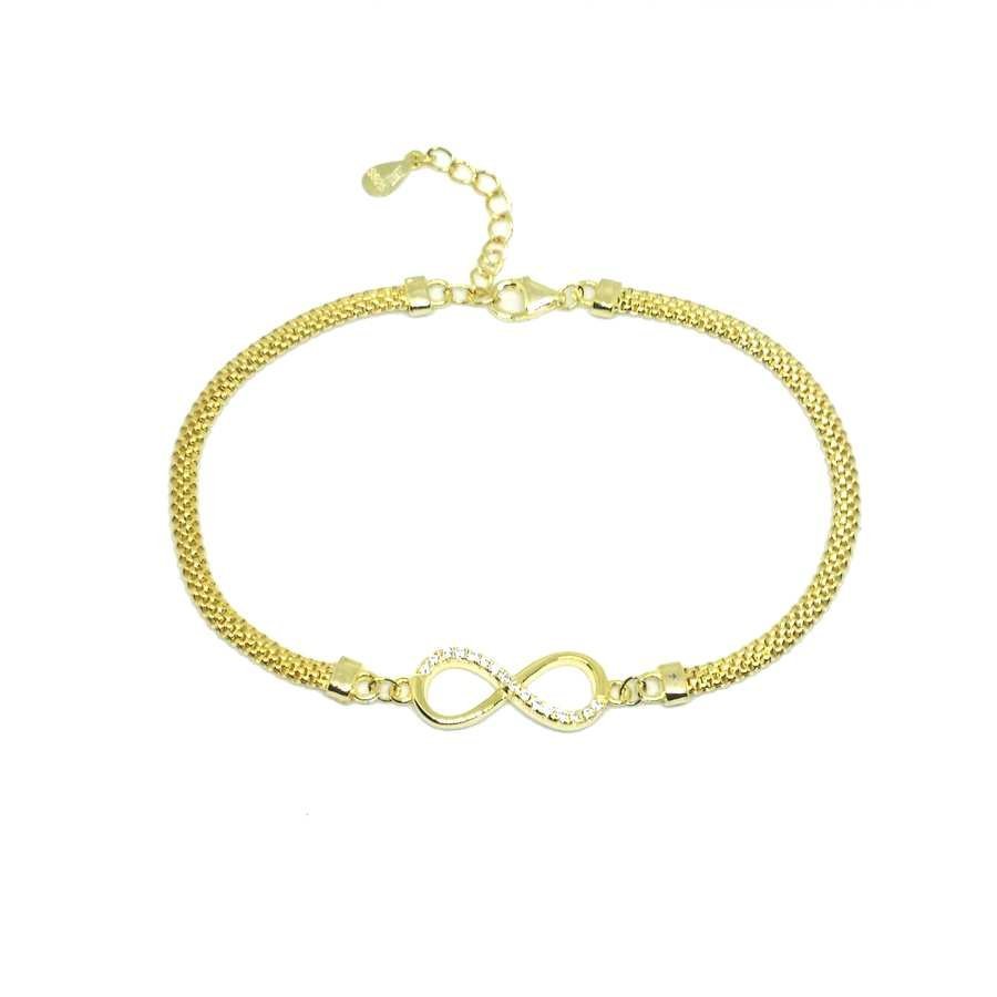 Pulsera de Plata Dorada con Infinito y Circonitas. Cadena de Malla