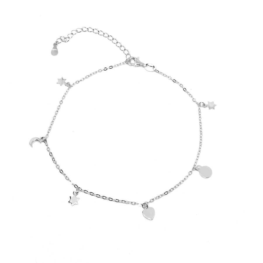 Tobillera de Plata con Colgantitos. Estrella. Corazón. Luna