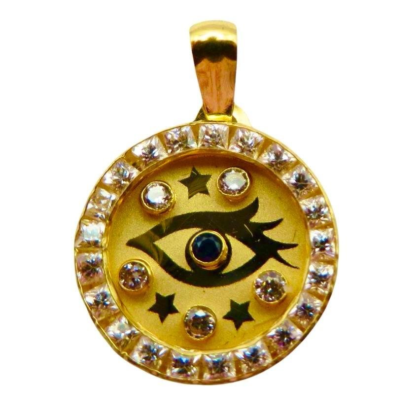 Colgante de oro de 18k con ojo protector y circonitas blancas, 13 mm.