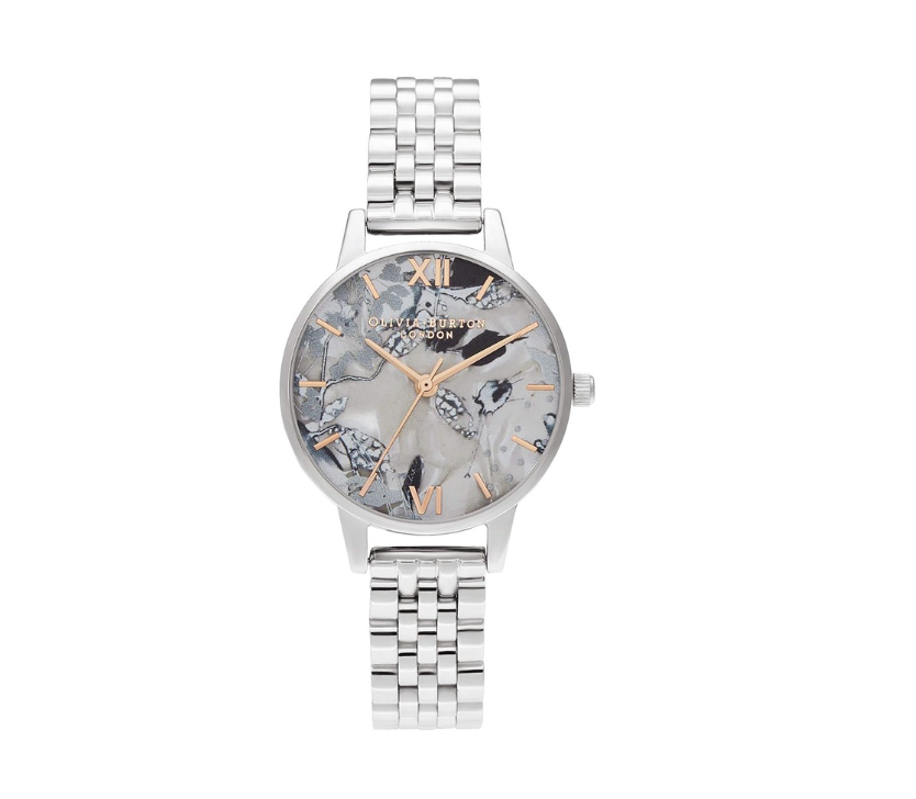 Olivia Burton Reloj Analógico de Cuarzo para Mujer con Correa en Acero Inoxidable Plateada