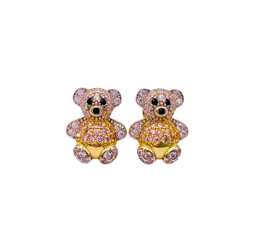Pendientes de osito de oro amarillo vista rodeo de 18K con circonitas cúbicas bicolor