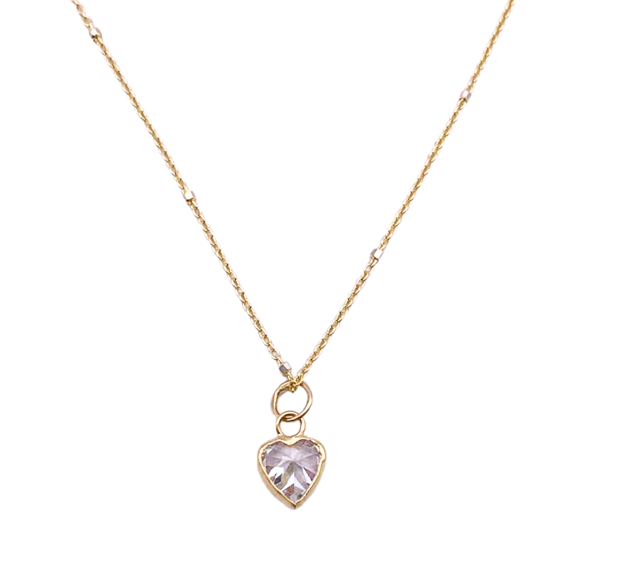 Corazón de oro 18K con circonita y cadena italiana forsada con bola de oro blanco.