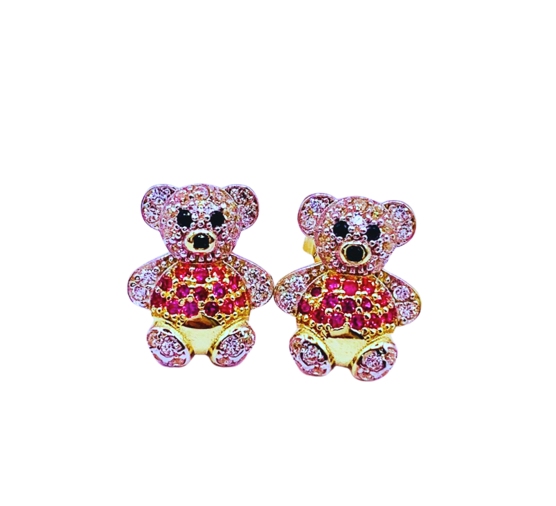 Pendientes de osito de oro amarillo vista rodeo de 18K con circonitas cúbicas bicolor