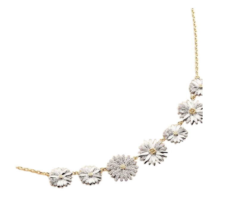 Gargantilla Blossom latón baño oro, margaritas plateadas y cristales