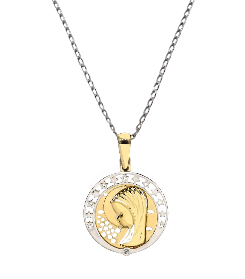 Medalla de oro 18K de la virgen niña con el borde en oro blanco con circonita y cadena de oro blanco