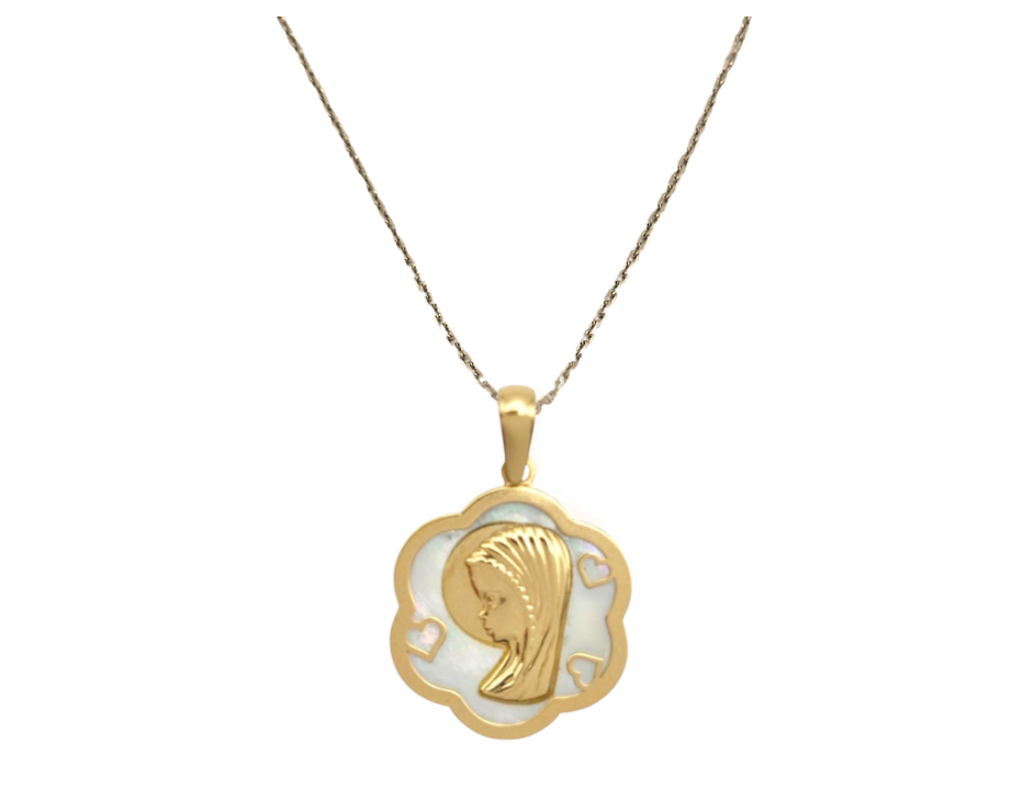 Medalla niña de oro amarillo de 18k virgen nácar blanco.