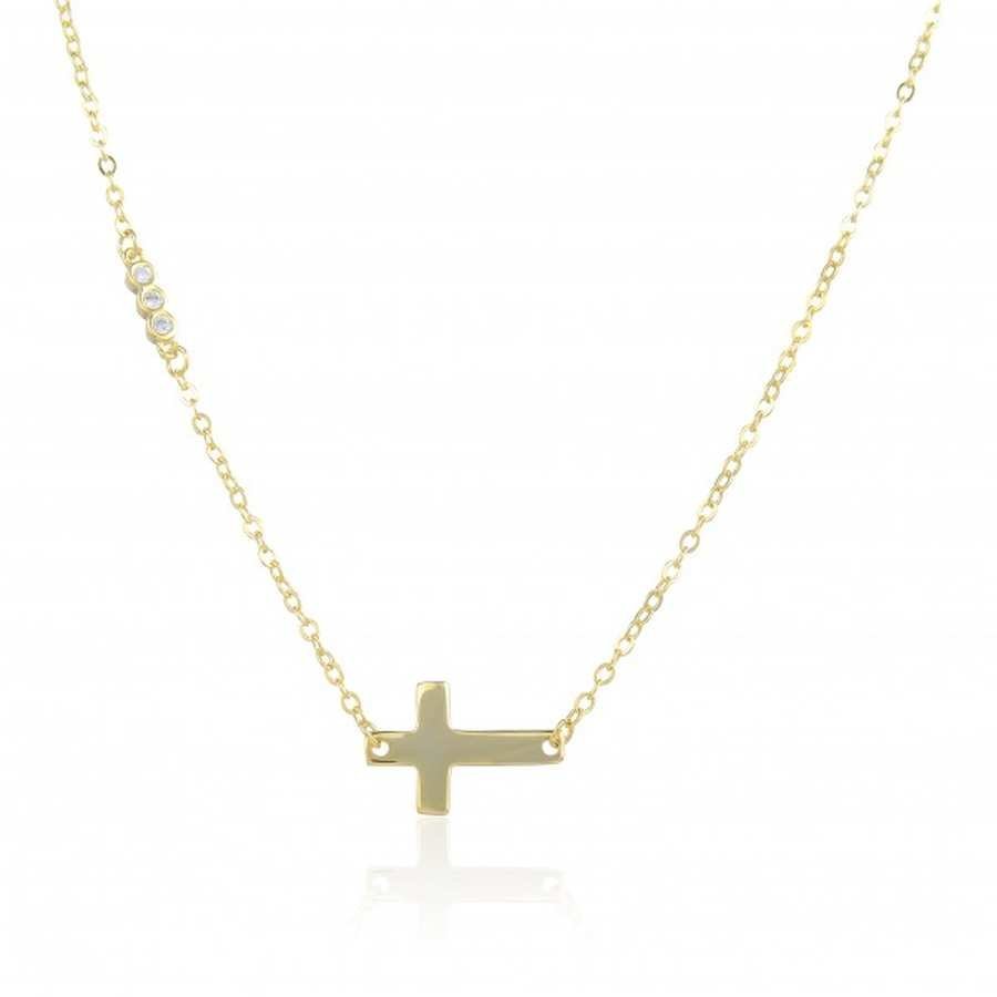 Gargantilla Plata dorada con cruz central y lateral con bloque de 3 Circonitas