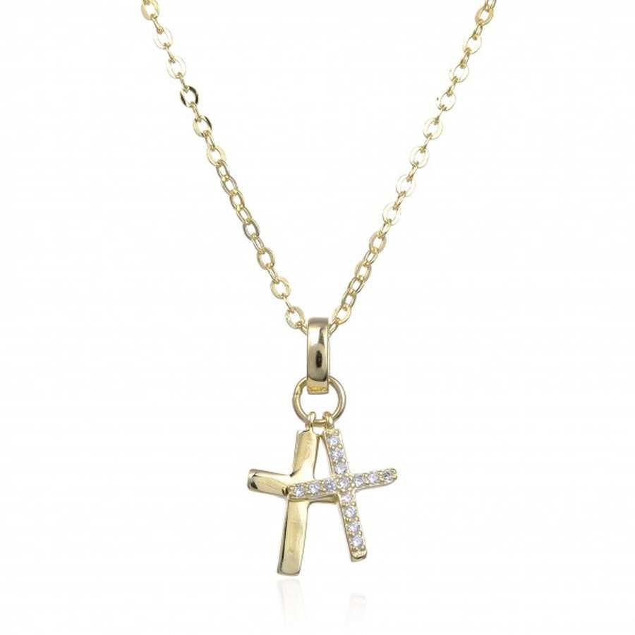 Gargantilla Plata Dorada con Cruz Doble con Circonitas