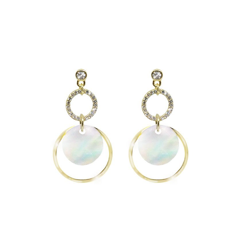 Pendientes Largos de plata Dorada - Aro deCirconitas con disco de Nacar