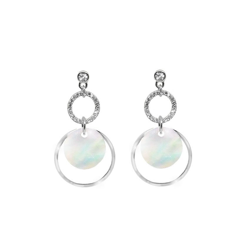 Pendientes Largos de plata - Aro de Circonitas con disco de Nacar