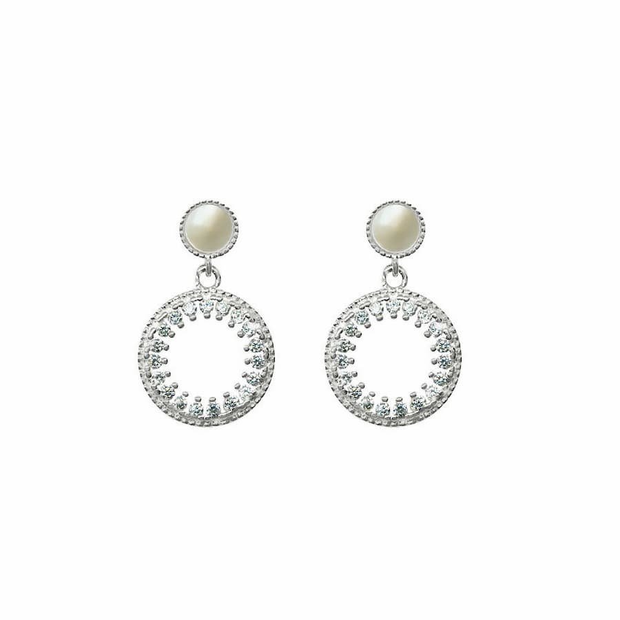 Pendientes Largos de Plata con Circonitas y Nacar - Aro Estrellado de Circonitas y Nacar