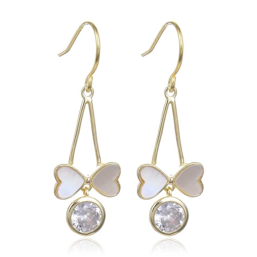 Pendientes Largos de Plata Dorada con Circonitas y Nacar - Pajarita