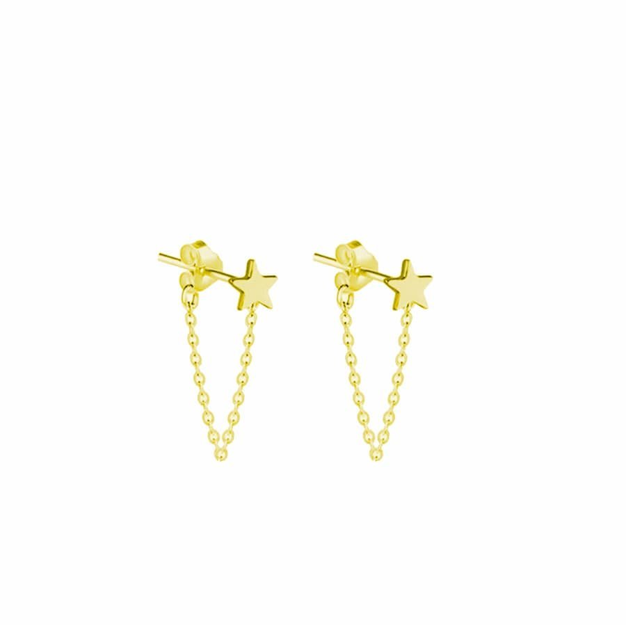 Pendientes de Plata Dorada - Estrella con Cadena en la presion