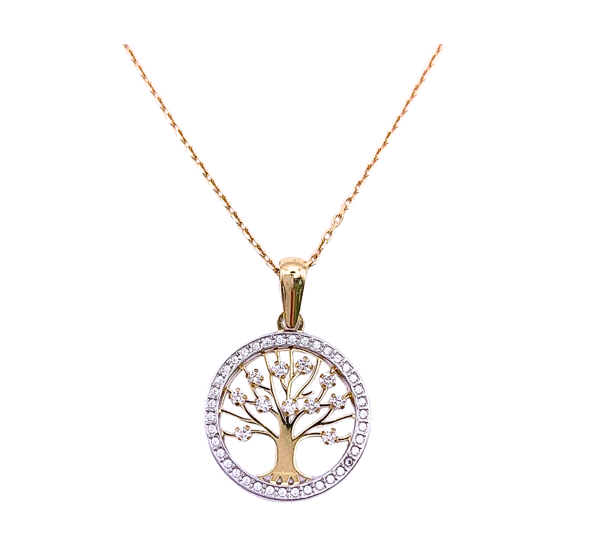 Colgante árbol de la vida de oro blanco con circonitas cúbicas y cadena forsada con bola de oro blanco de 18K.